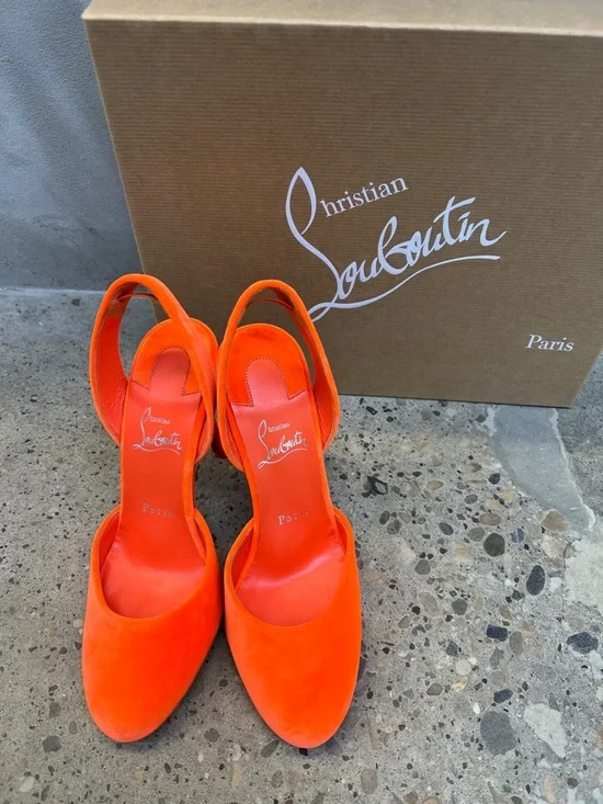 Christian Louboutin Bright Orange Suede Slingback Pumps - Picture 2 of 5